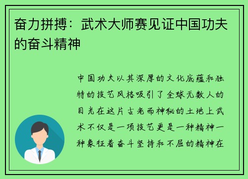 奋力拼搏：武术大师赛见证中国功夫的奋斗精神